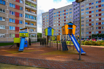 Residential yard playground in a Soviet-Style housing district of Ventspils, Latvia