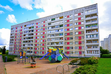 Residential yard playground in a Soviet-Style housing district of Ventspils, Latvia