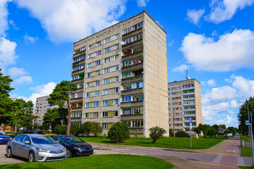 Soviet-Era Khrushchyovka apartment building in Ventspils, Latvia - Old concrete panel housing in the Baltic States