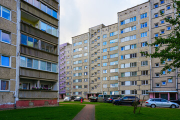 Soviet-Era Khrushchyovka apartment building in Ventspils, Latvia - Old concrete panel housing in the Baltic States