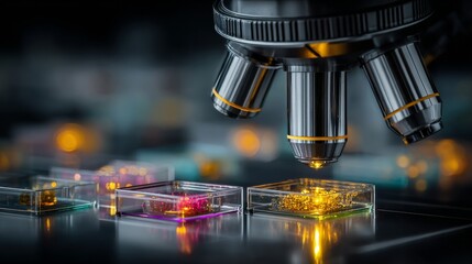 Advanced scientific research microscope meticulously examining glowing cell cultures in a modern laboratory setting