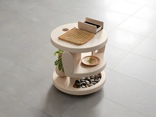 Modern minimalist multi tier side table with decorative items