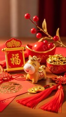 Cute Horse Figurine with Red Envelopes, Gold Coins and Lucky Decorations, Chinese New Year Year of the Horse Festive Still Life