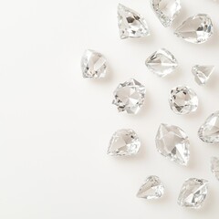 Sparkling faceted diamonds in different cuts and sizes scattered artfully on pristine white surface, highlighting brilliant gemstone luxury and brilliance