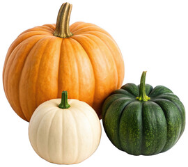 Three realistically textured pumpkins &ndash; a large vibrant orange one, a small creamy white variety, and a medium-sized dark green squash &ndash; are arranged closely, isolated on transparent background.