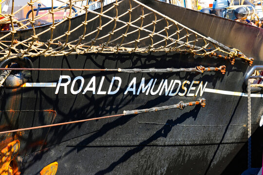 Roald Amundsen brig moored along the waterfront promenade of Ostas Street in the port of Ventspils, Latvia - German two-masted square-rigged training ship in the Baltic Sea