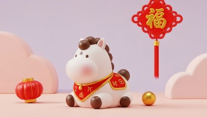 Cute Horse Figurine with Lucky Symbol and Red Lantern, Chinese New Year Year of the Horse Festive Modern Illustration