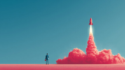 Businessman embarks on a bold journey to launch a rocket startup concept