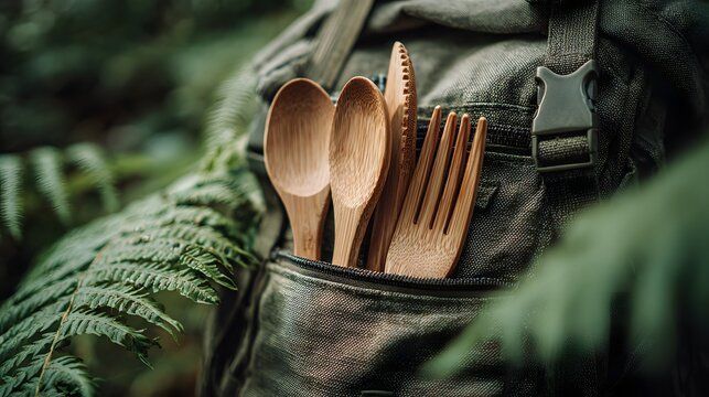 Bamboo cutlery set nestled in a traveler's backpack pocket, surrounded by a serene forest canopy in natural light.