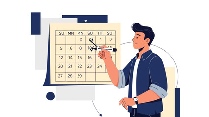 Man marking date on calendar, planning schedule, time management concept illustration