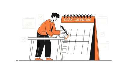 Man marking date on desk calendar, planning, scheduling, time management concept