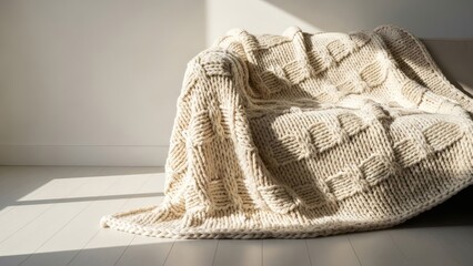 Cozy Knitted Blanket Draped on Modern Sofa with Natural Light, Minimal Home Interior and Slow Living Concept
