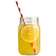 Lemonade in Glass Mason Jar with Red White Striped Straw and Lemon Slice, Refreshing Summer Drink on transparent background