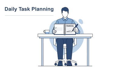 Man planning daily tasks and priorities at desk with notebook and pen