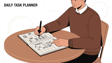 Man planning daily tasks in notebook, organization, productivity, time management concept