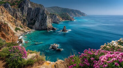 Obraz premium Beautiful seascape with mountains, flowers, and a blue sky