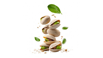 A dynamic stack of pistachios in shell with green leaves and small fragments on transparent background