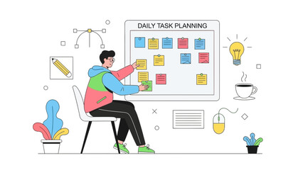 Man planning daily tasks on sticky notes board, vector illustration