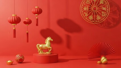 Golden Horse Figurine with Red Lanterns and Fan on Red Background, Chinese New Year Year of the Horse Festive Decoration