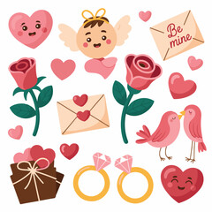 Cute Valentine&rsquo;s Day Love Elements Set with Hearts, Cupid, Roses and Gifts Vector