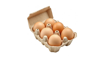 Six fresh brown eggs sit in an open cardboard carton against a transparent background