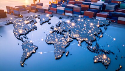 World map over shipping port with glowing trade routes and stacked cargo containers symbolizing global logistics.