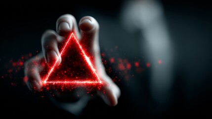 Futuristic tech concept with glowing red triangle in hand, perfect for innovation, technology, and modern design projects needing a vibrant touch.