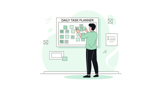 Man Planning Daily Tasks on Whiteboard with Sticky Notes, Time Management Concept - Powered by Adobe