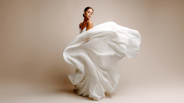 Bride white wedding dress flowing fabric motion beige background. Elegant woman gown dynamic movement luxury bridal fashion. Beautiful model ceremony outfit studio portrait romantic style couture.