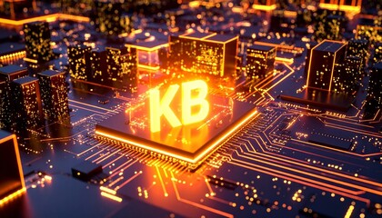 Digital circuit board with glowing orange-blue pathways and central cube marked “KB” symbolizing data storage.