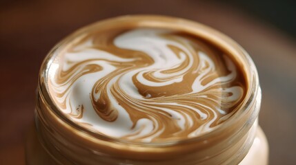 Designed latte foam topping on plant milk in a jar, illuminated by soft barista-style lighting.