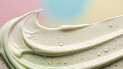 White Cream Wave Texture with Water Droplets on Pastel Background, Skincare and Beauty Abstract Concept