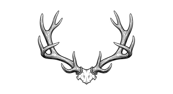 Pair of large branched deer antlers or stag horns shown in a symmetrical and detailed line art illustration.