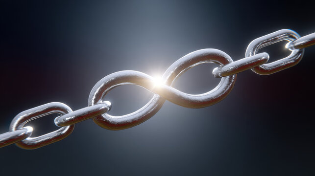 Metal chain broken link infinity shape strong connection bright light steel chain segment glows with bright light as broken link forms infinity shape symbolizing endless connection and resilience