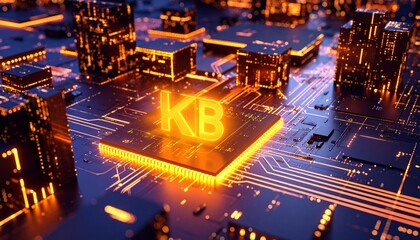 Digital circuit board with glowing orange-blue pathways and central cube marked “KB” symbolizing data storage.