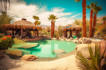 Tropical Oasis Lagoon with Turquoise Water, Thatched Palapas, and Palm Trees in a Sunny Desert