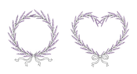 Two lavender wreaths in circular and heart shapes feature delicate purple flowers and elegant ribbon bows on a white background.