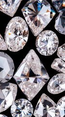 Sparkling diamonds ranging from brilliant cut to emerald cut gleaming against deep black velvet, showcasing luxury jewelry's refined elegance and luminous radiance