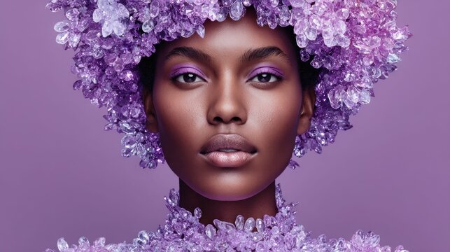 Beautiful woman in purple crystal headdress and makeup on a lavender background