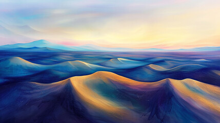 Dreamy Moonlit Desert Landscape with Deep Blue Sand Dunes and Golden Glowing Ridges