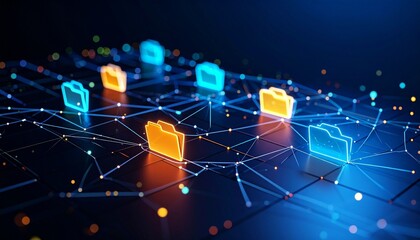Futuristic digital file network glowing with blue and orange nodes on dark grid background.