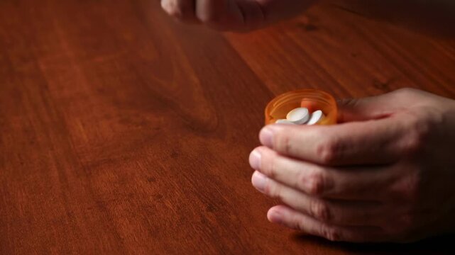 A closeup shot of an adult male's hands pouring two white tablets from a pill bottle in one hand into the open palm of the other, then consuming the pills