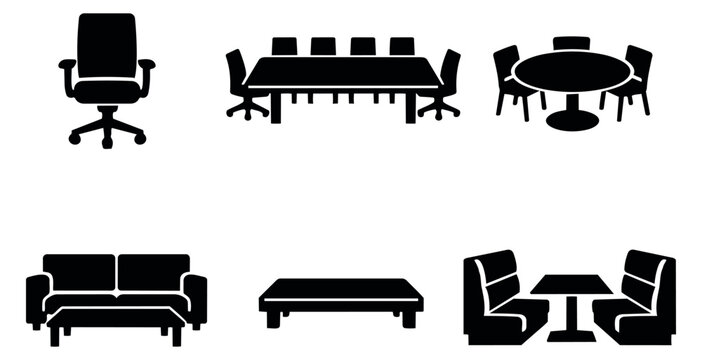 Modern furniture icon set featuring an office chair, meeting tables, sofa, and dining booth for office, home, and restaurant interiors