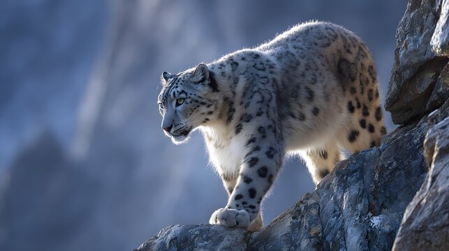 Snow leopard climbs a rocky cliff, bathed in early morning light, showcasing its thick coat against a stunning icy mountain backdrop. - Powered by Adobe