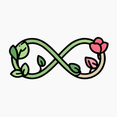 Flat illustration of infinity symbol made from leaf and flower in green and pink. Minimal design for Valentine&rsquo;s, Galentine&rsquo;s or Mother&rsquo;s Day cards, packaging or decor with copy space