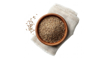 A full wooden bowl of aromatic whole cumin seeds on a light-colored cloth against a black background