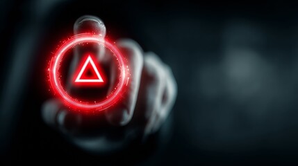 Urgent warning sign with a finger pressing the digital emergency button, signaling system error, or security breach in a modern tech interface