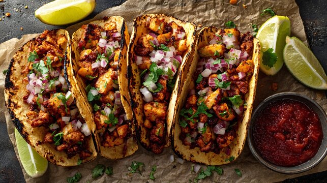 Grilled chorizo tacos with charred corn tortillas, diced onion, fresh cilantro, lime wedges, vibrant salsa roja, rustic street-food styling on parchment paper, bright daylight, high contrast colors