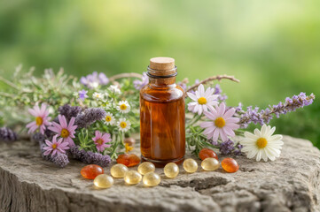 Bottle of essential oil placed among fresh flowers and dietary supplements in natural setting near soft green background
