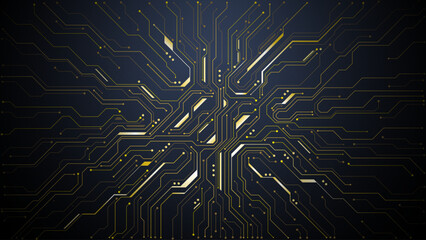 Luxurious gold circuit patterns on dark background, artificial intelligence semiconductor concept, futuristic motherboard design for modern technology applications. Digital vector illustration 